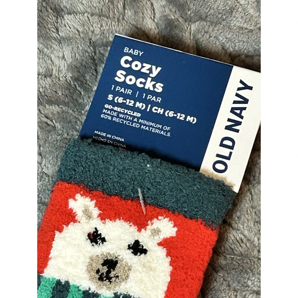 OLD NAVY BABY / TODDLER COZY SOCKS NON-SLIP Red With Bear SIZE S (6-12months)